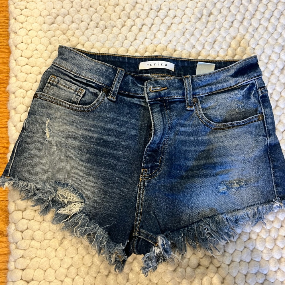 Eunina Blue Distressed Jean Shorts Frayed Hem